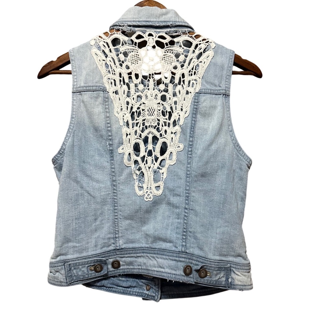 Pilcro and the Letterpress Denim Vest Womens Small Light Blue Good Crochet Lace - Picture 10 of 10